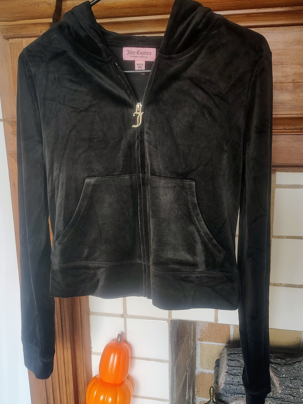 Juicy Couture Black Velour Zip-Up Hoodie with J Charm